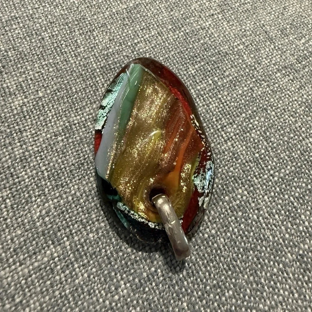 Large Handmade Dichroic Glass Pendant Browns Greens Silver On Bail‎
